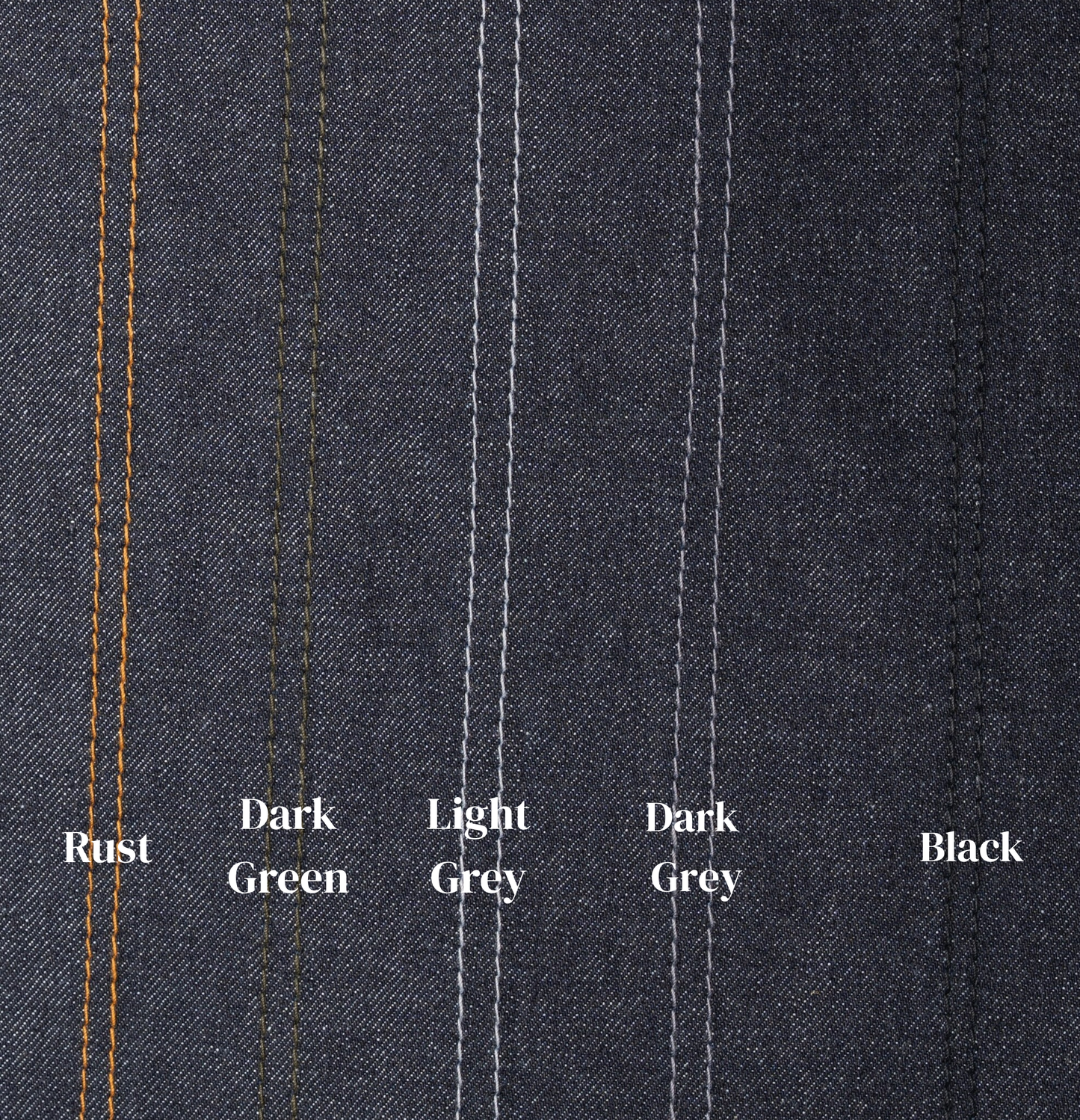 Close-up of denim fabric with color swatches labeled Rust, Dark Green, Light Grey, Dark Grey, and Black.