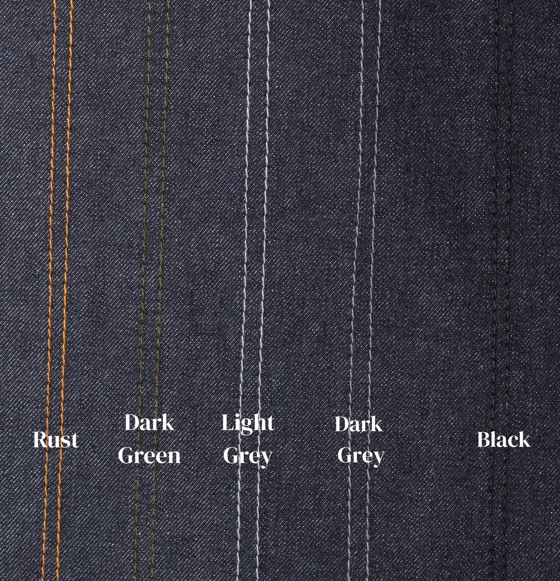 Close-up of denim fabric with color swatches labeled Rust, Dark Green, Light Grey, Dark Grey, and Black.