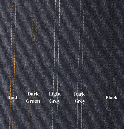 Close-up of denim fabric with color swatches labeled Rust, Dark Green, Light Grey, Dark Grey, and Black.