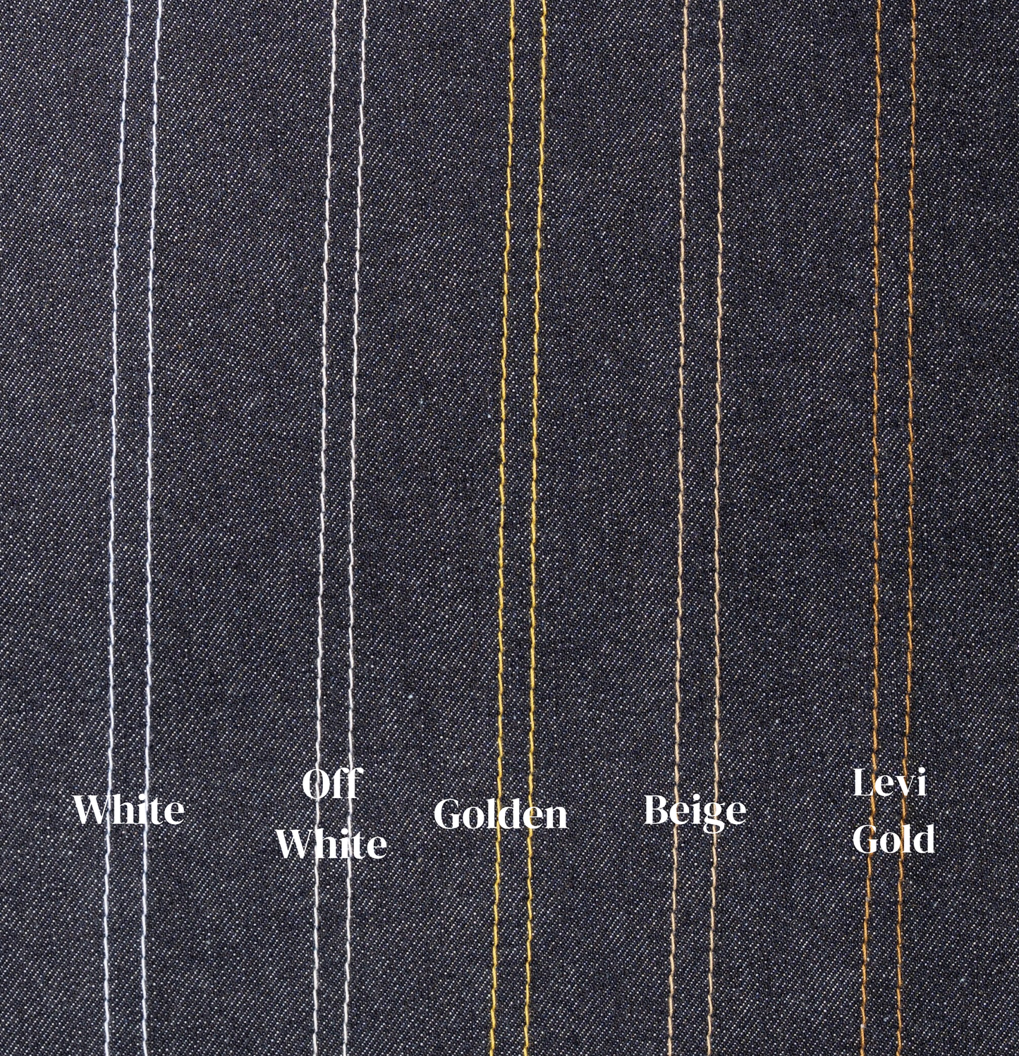 Close-up of denim fabric with pinstripes labeled 'White', 'Off White', 'Golden', 'Beige', and 'Levi Gold'.