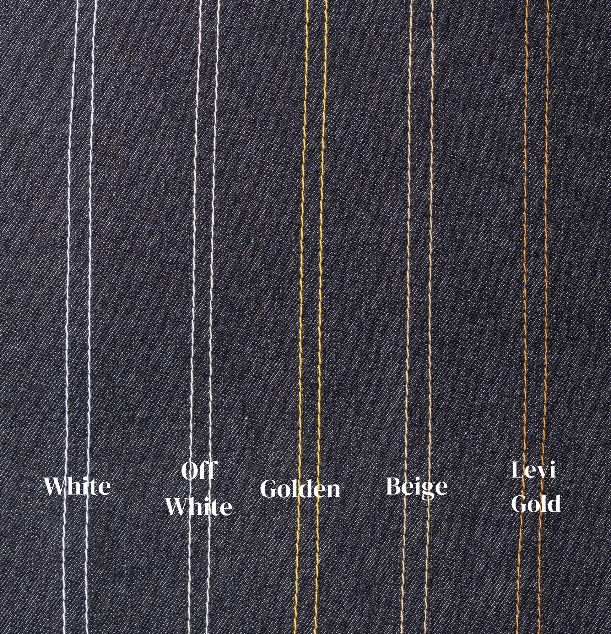 Close-up of denim fabric with pinstripes labeled 'White', 'Off White', 'Golden', 'Beige', and 'Levi Gold'.