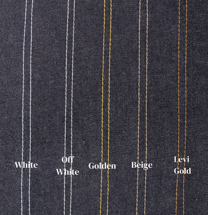 Close-up of denim fabric with pinstripes labeled 'White', 'Off White', 'Golden', 'Beige', and 'Levi Gold'.