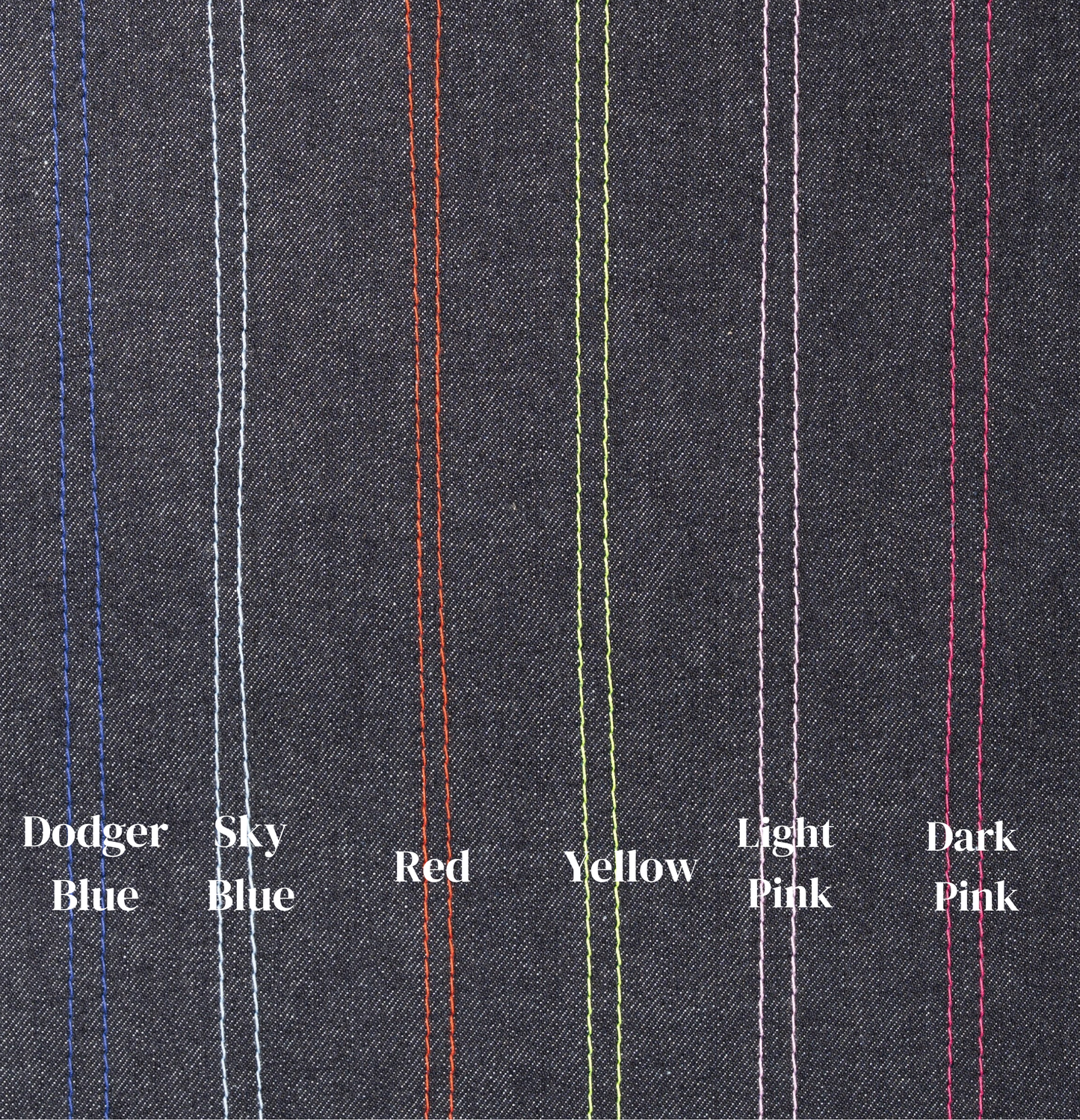 Close-up of dark fabric with colored pinstripes and labeled colors.