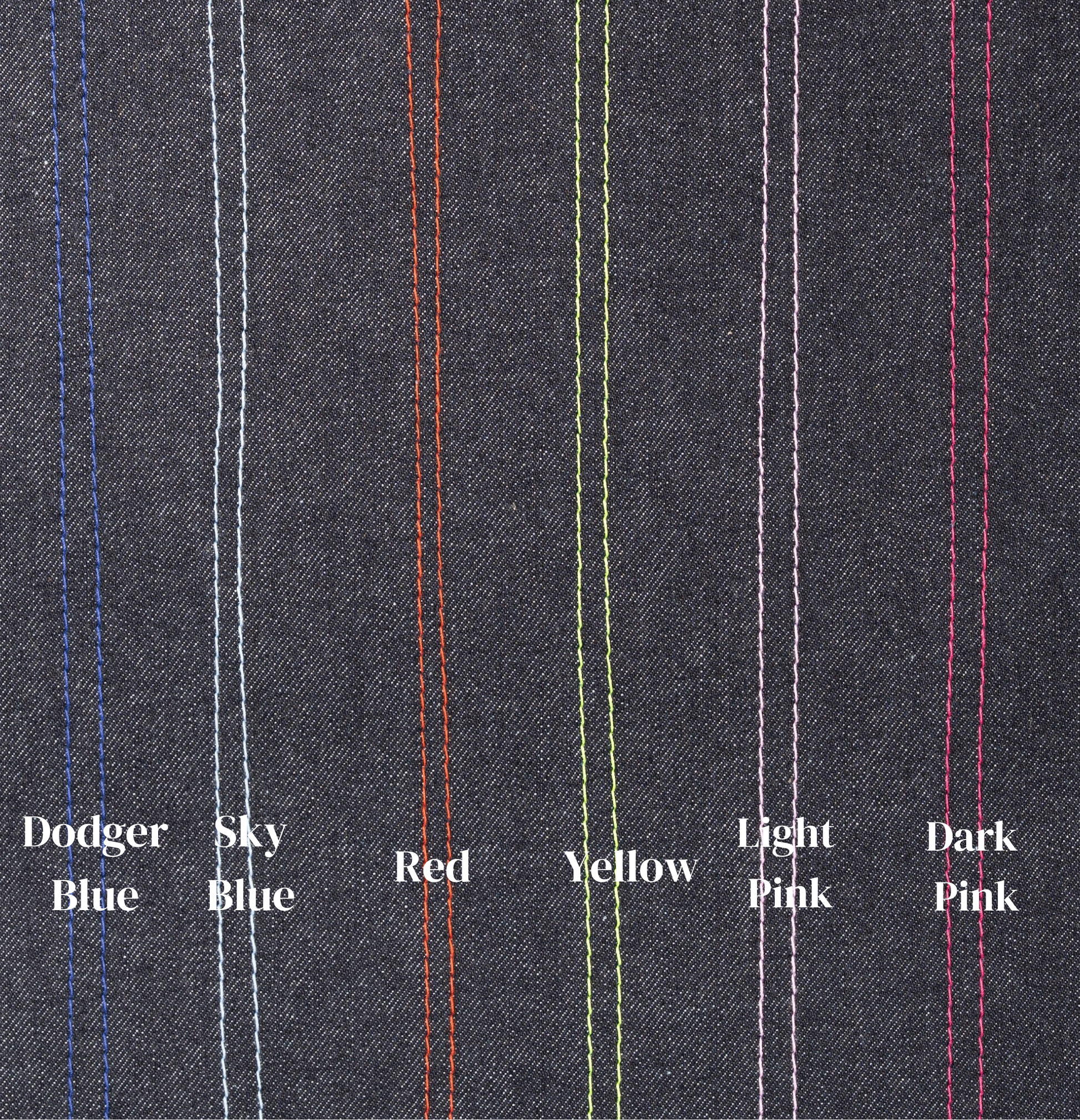 Close-up of dark fabric with colored pinstripes and labeled colors.