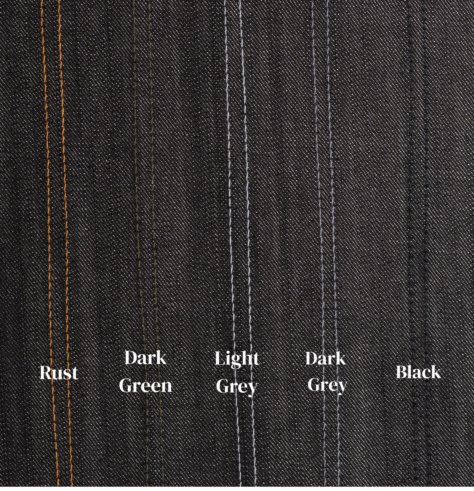 Close-up of dark denim fabric with color swatches labeled Rust, Dark Green, Light Grey, Dark Grey, and Black.