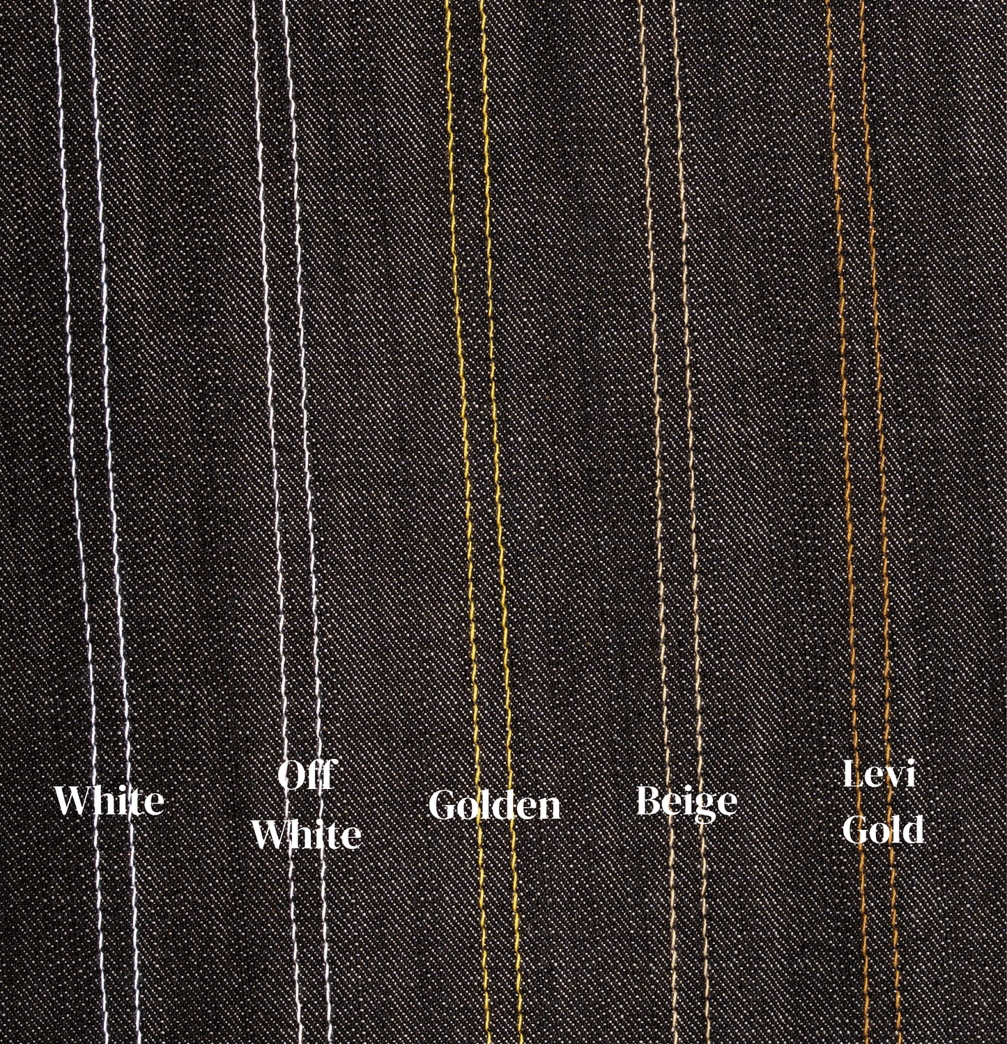 Close-up of a fabric with pinstripes labeled 'White', 'Off White', 'Golden', 'Beige', and 'Levi Gold' on a dark background.
