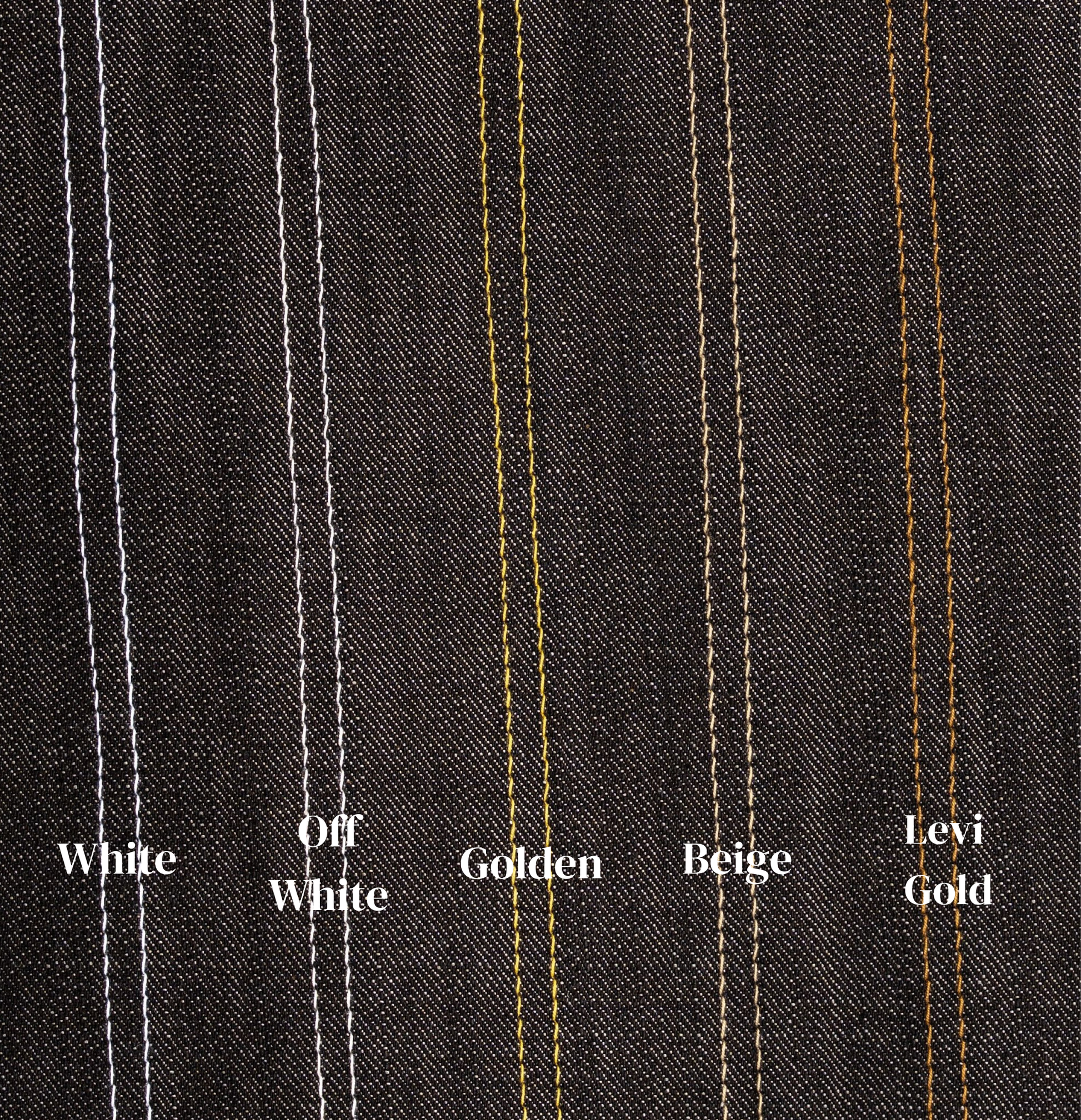 Close-up of a fabric with pinstripes labeled 'White', 'Off White', 'Golden', 'Beige', and 'Levi Gold' on a dark background.
