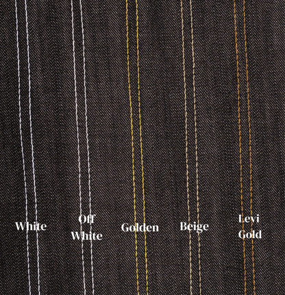 Close-up of a fabric with pinstripes labeled 'White', 'Off White', 'Golden', 'Beige', and 'Levi Gold' on a dark background.