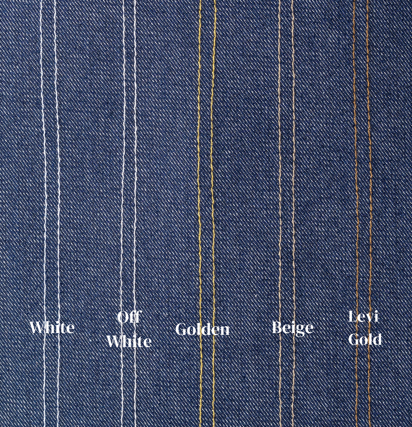 Close-up of denim fabric with colored stitching labels on a blue background