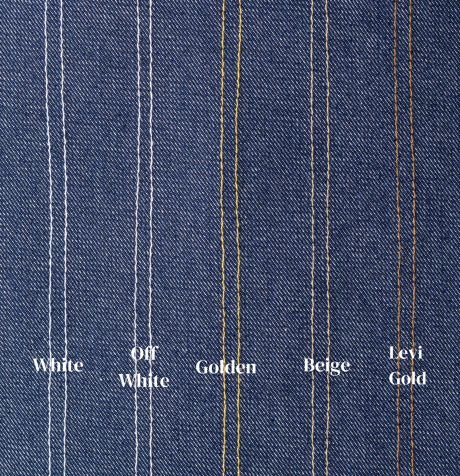 Close-up of denim fabric with colored stitching labels on a blue background
