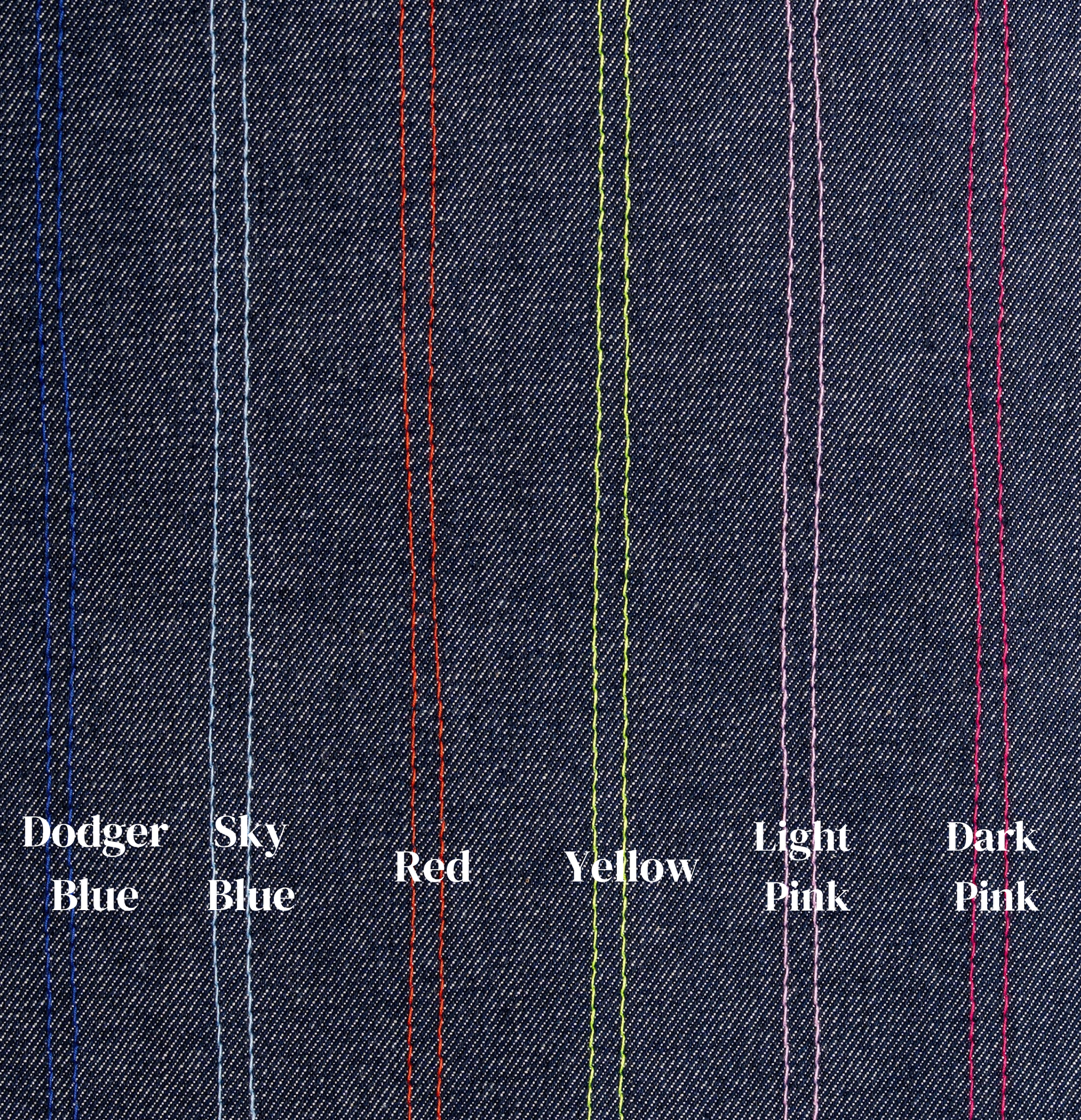 Close-up of denim fabric with colored stitching labels on a dark blue background
