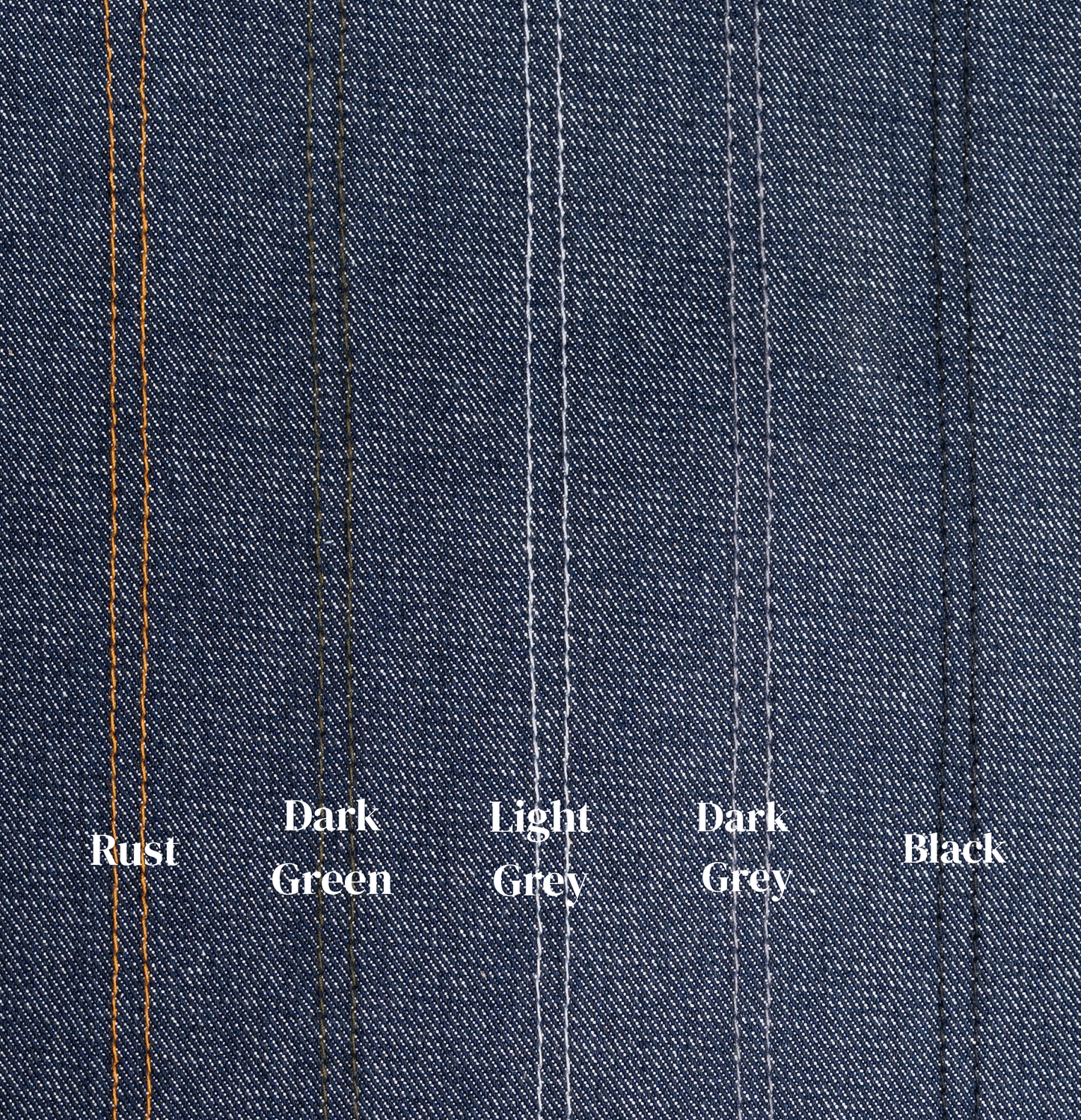 Close-up of denim fabric with color swatches labeled Rust, Dark Green, Light Grey, Dark Grey, and Black.