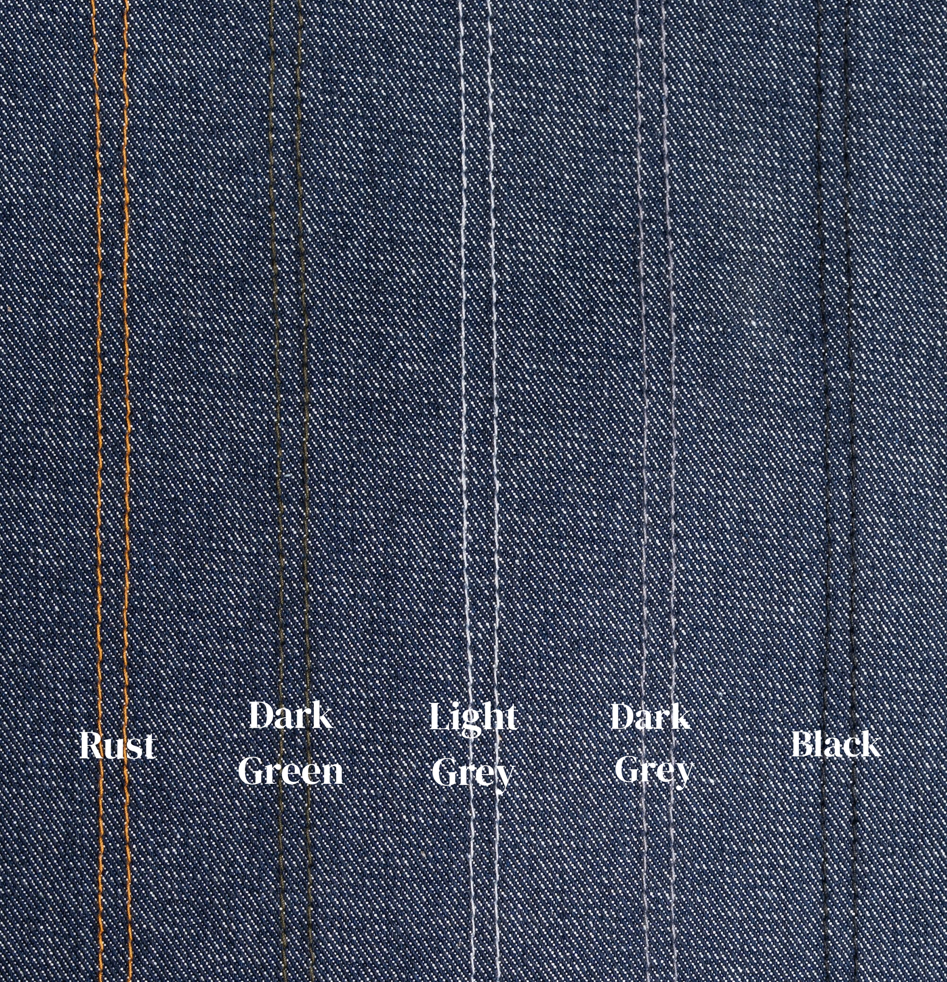 Close-up of denim fabric with color swatches labeled Rust, Dark Green, Light Grey, Dark Grey, and Black.