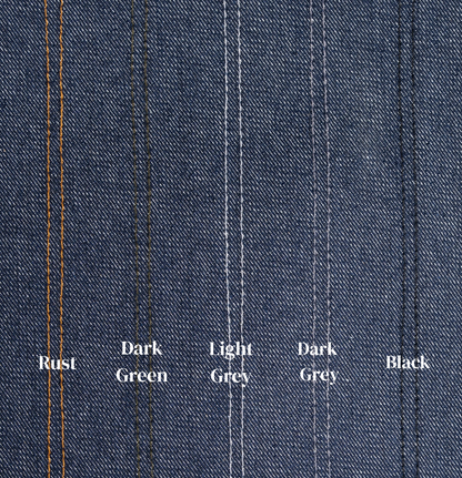 Close-up of denim fabric with color swatches labeled Rust, Dark Green, Light Grey, Dark Grey, and Black.